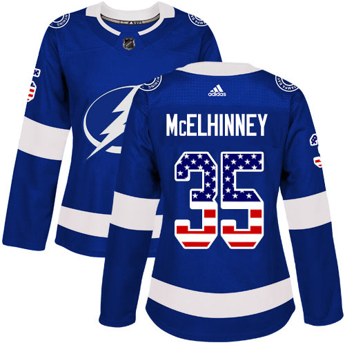 Adidas Tampa Bay Lightning #35 Curtis McElhinney Blue Home Authentic USA Flag Women Stitched NHL Jersey